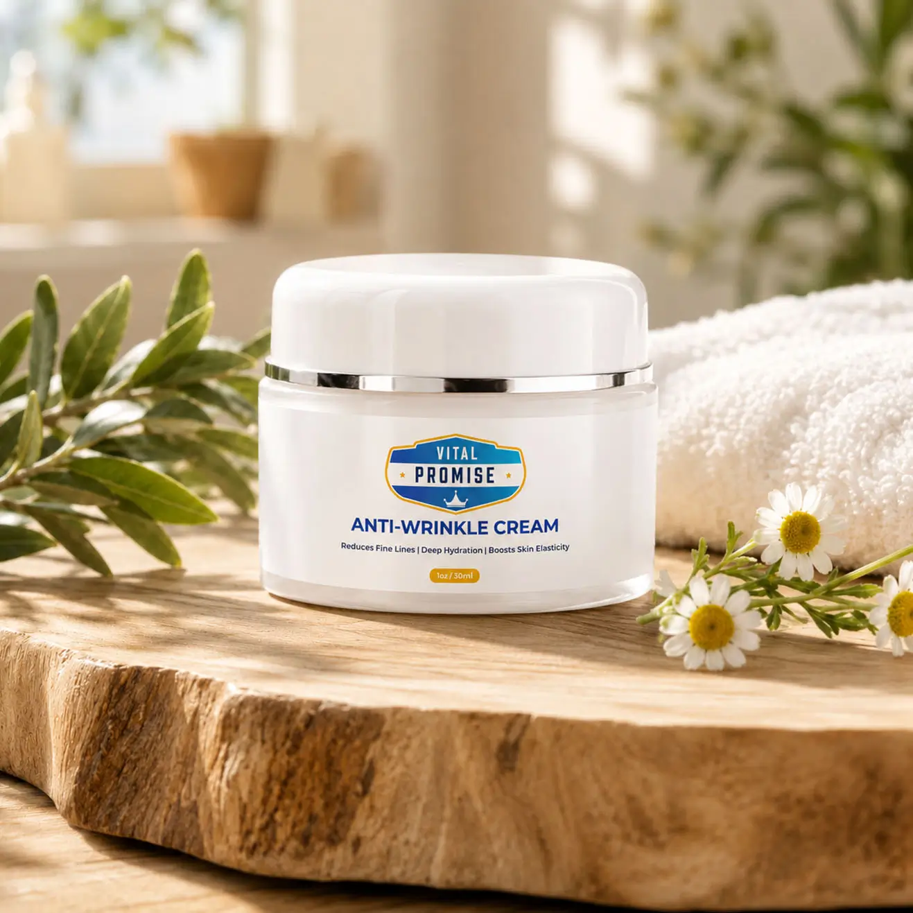 Vital Promise Anti-Wrinkle Cream jar in a skincare setting